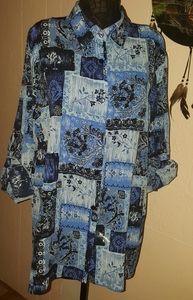 Erena Blue Block Paisley Print Floral Button Front
